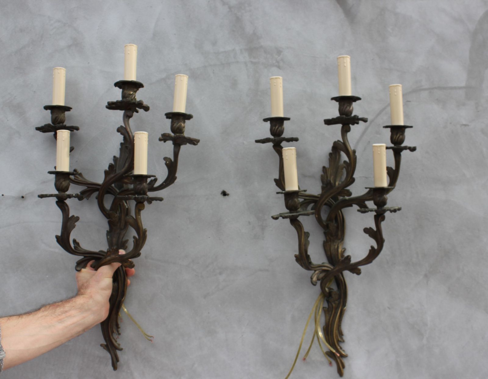 Pair Of Large Wall Lamps With 5 Bulb Lights Of Louis XV Rococo Style Bronze Sconces