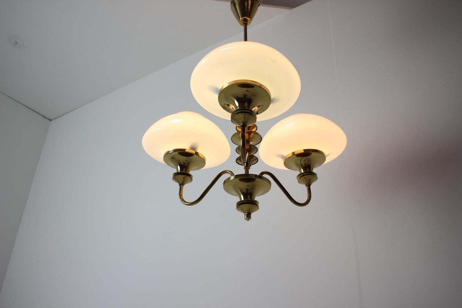 photo for sale Mid Century Brass Chandelier, Czechoslovakia, 1970s, Made In Jablonec Glassworks