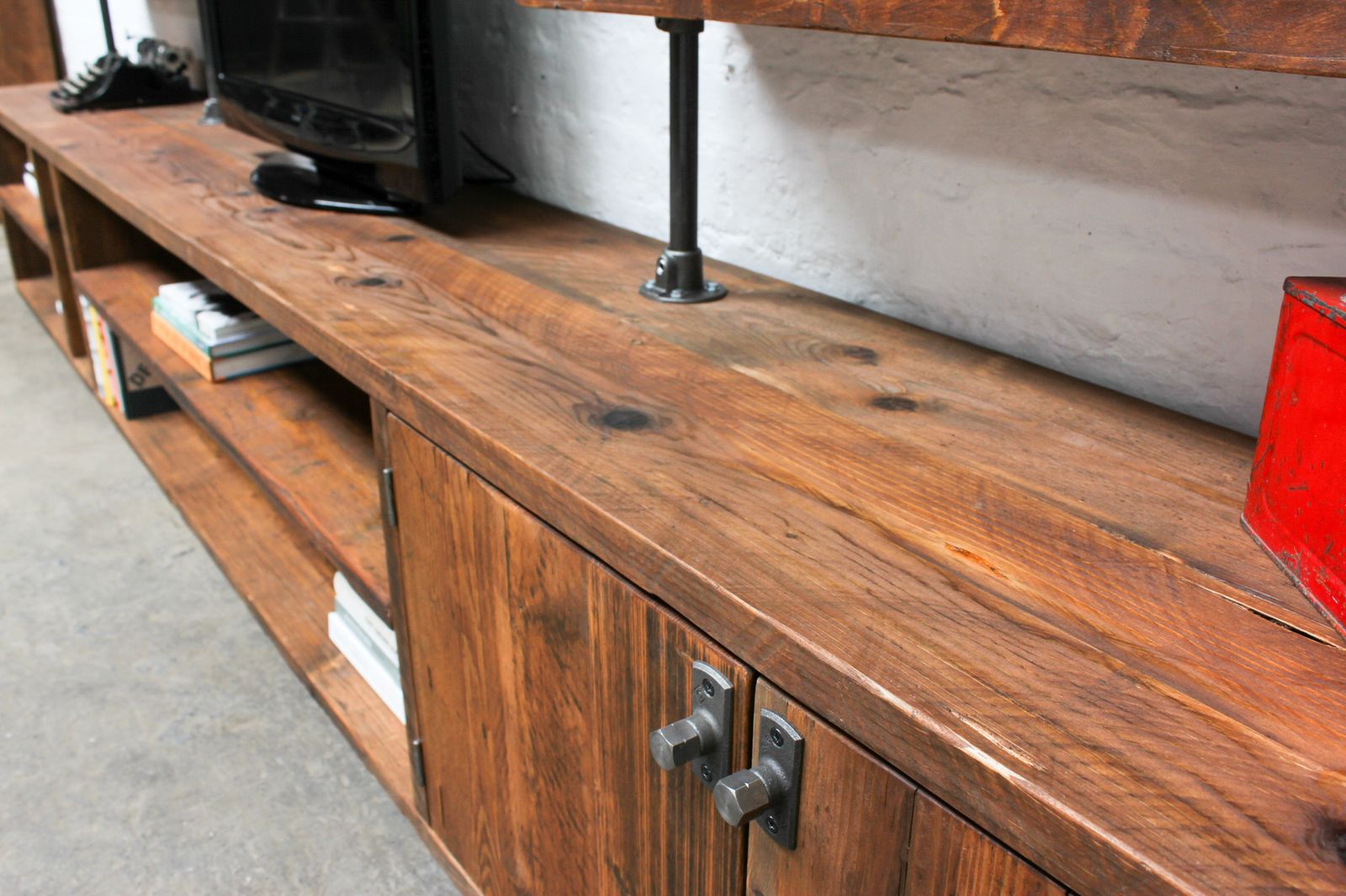 Hector Reclaimed Chestnut Stained Scaffolding Board And Steel Pipe Shelving Unit With Cupboard photo 3700.0