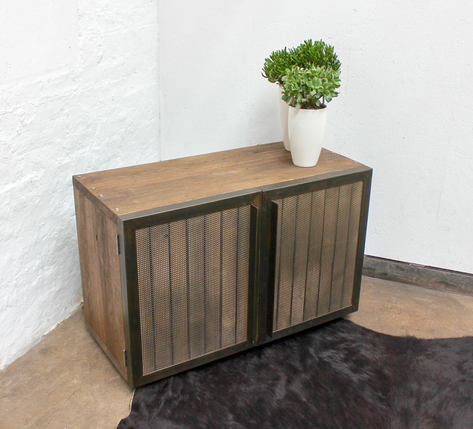 photo furniture Louisa Reclaimed Scaffolding Board Media Unit With Slatted Wood And Perforated Steel Clad Doors