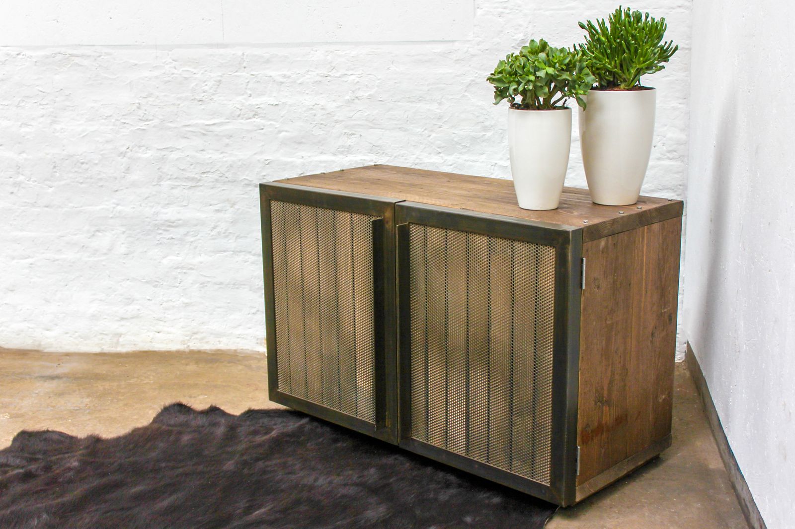 photo for sale Louisa Reclaimed Scaffolding Board Media Unit With Slatted Wood And Perforated Steel Clad Doors