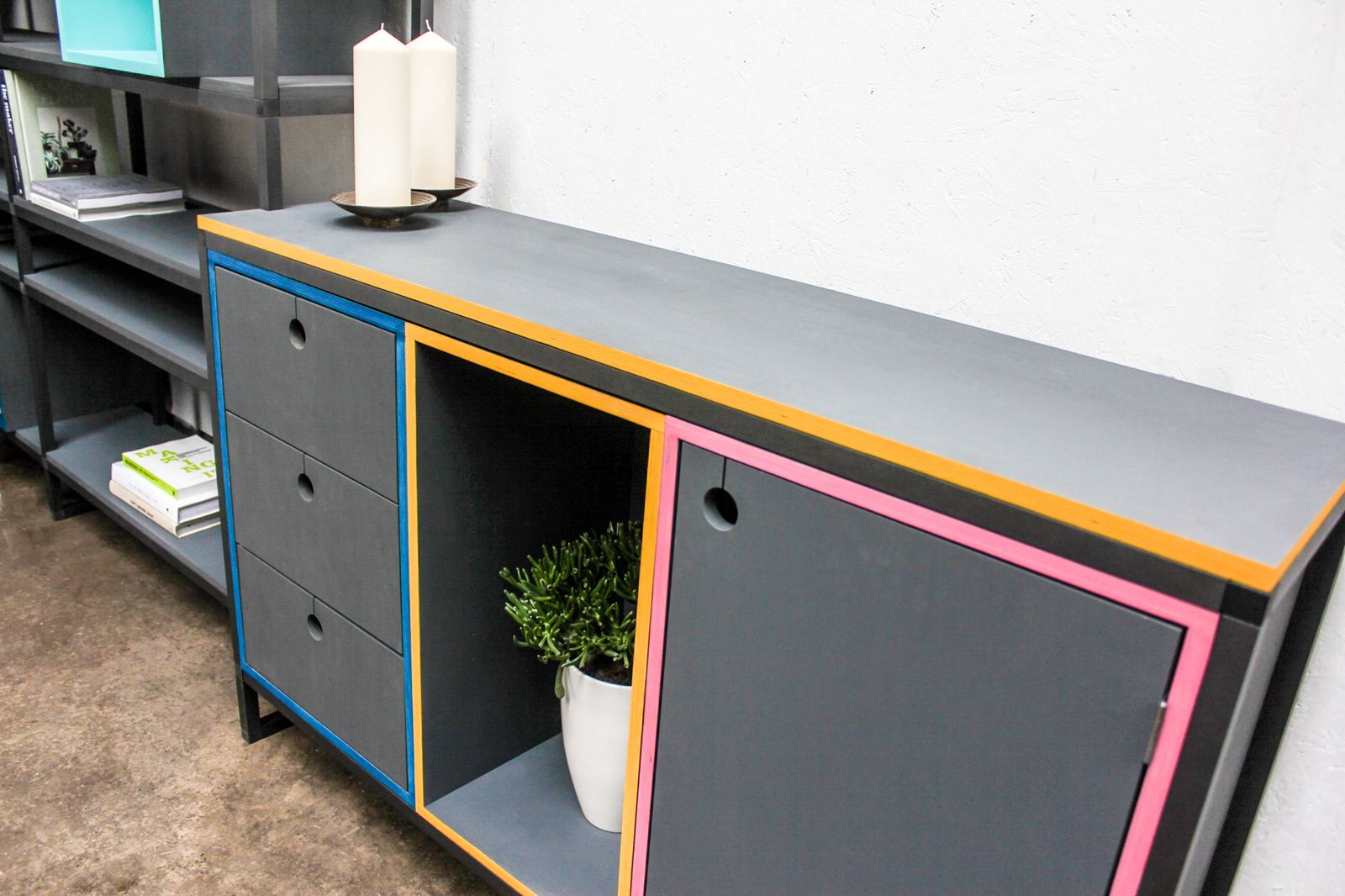 Rhys Bespoke Birch Ply And Aluminium Box Section Colourful Shelves And Storage With Drinks Cabinet photo 10000.0
