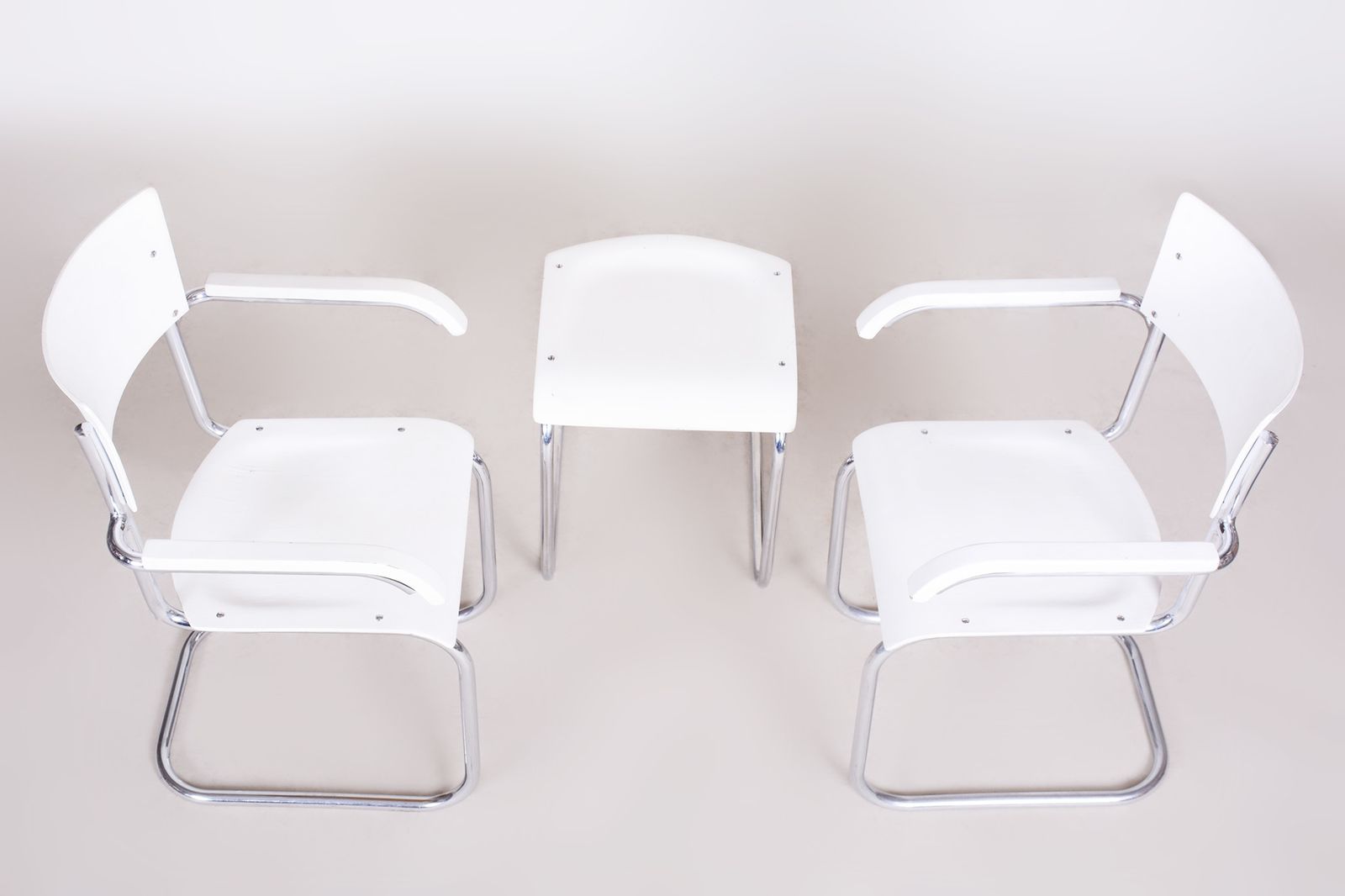 Pair Of Original White Mucke Melder Chairs And Stool Made In 1930s Czechia photo for sale