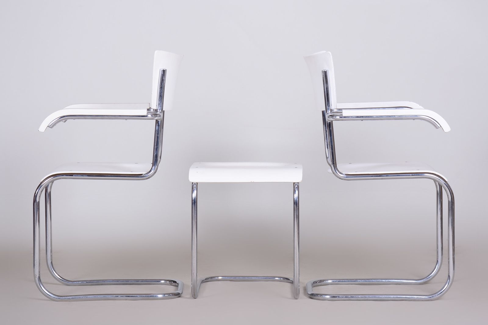 photo for sale Pair Of Original White Mucke Melder Chairs And Stool Made In 1930s Czechia