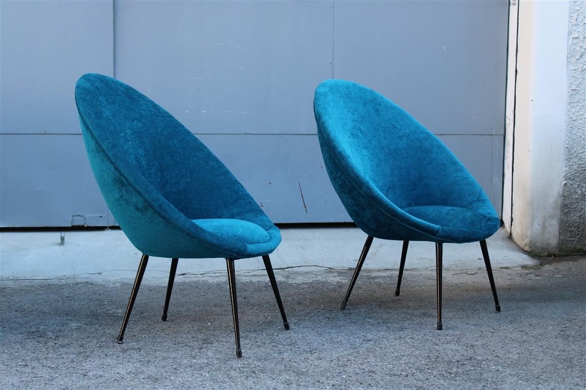 Pair Mid Century Oval Egg Chairs Blu Velvet Ico Parisi Style Italian Design 1950 photo furniture