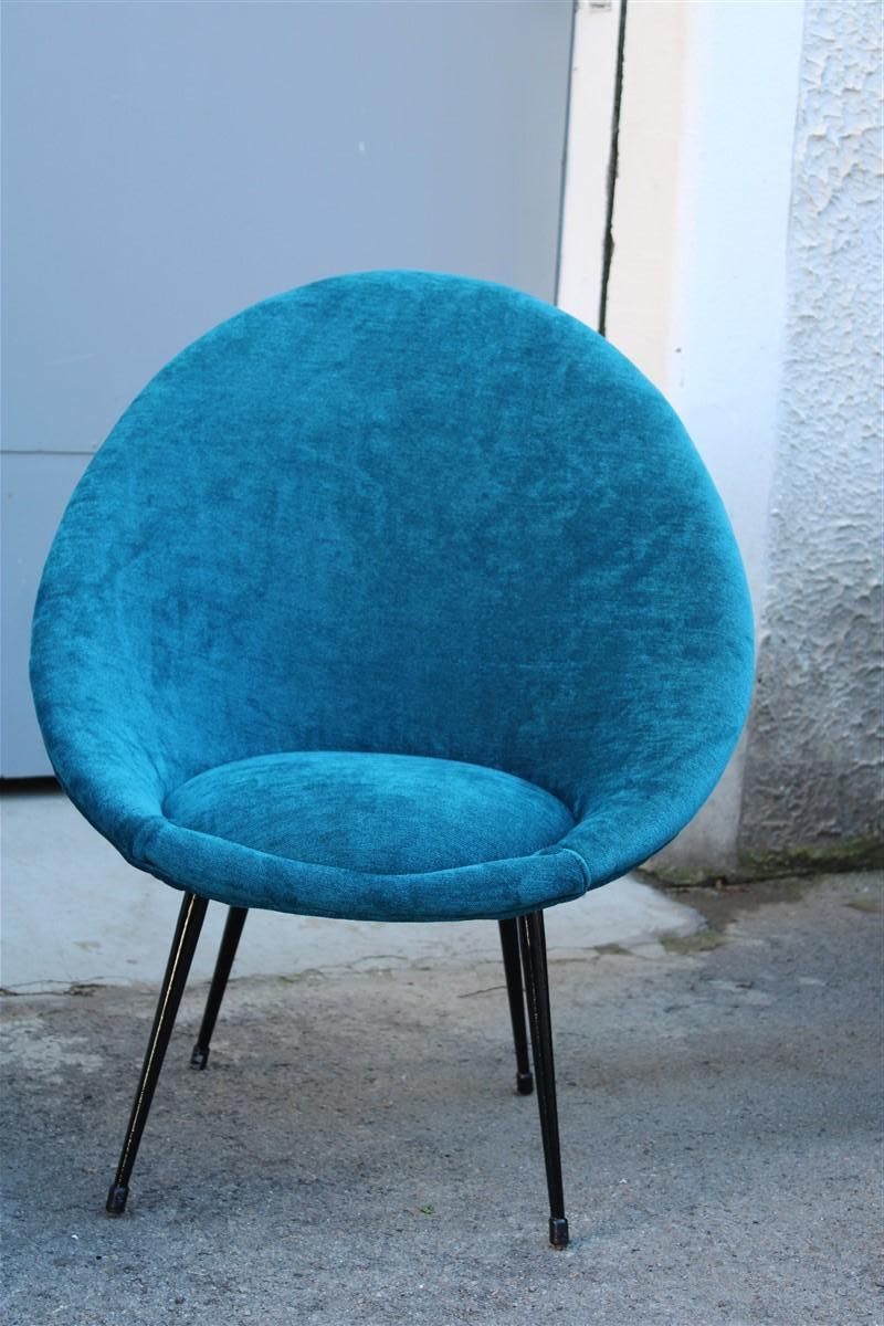 Pair Mid Century Oval Egg Chairs Blu Velvet Ico Parisi Style Italian Design 1950 photo 2860.0