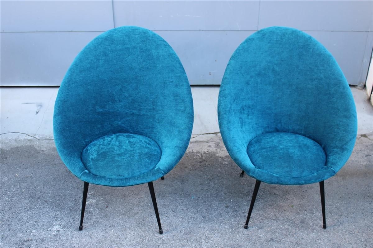 Pair Mid Century Oval Egg Chairs Blu Velvet Ico Parisi Style Italian Design 1950 photo buy