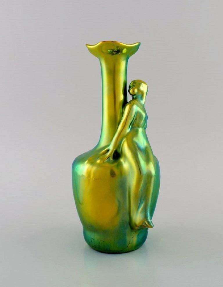 Zsolnay Art Nouveau Vase In Glazed Ceramics Modelled With A Sitting Woman photo for sale