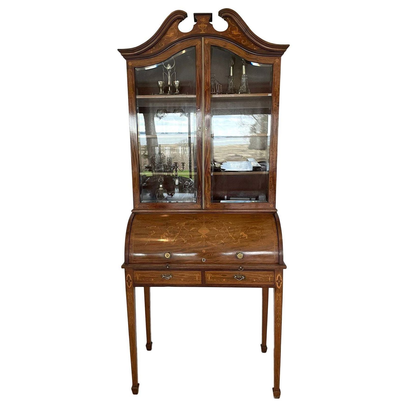 Fine Quality Antique Victorian Mahogany Inlaid Cylinder Bookcase