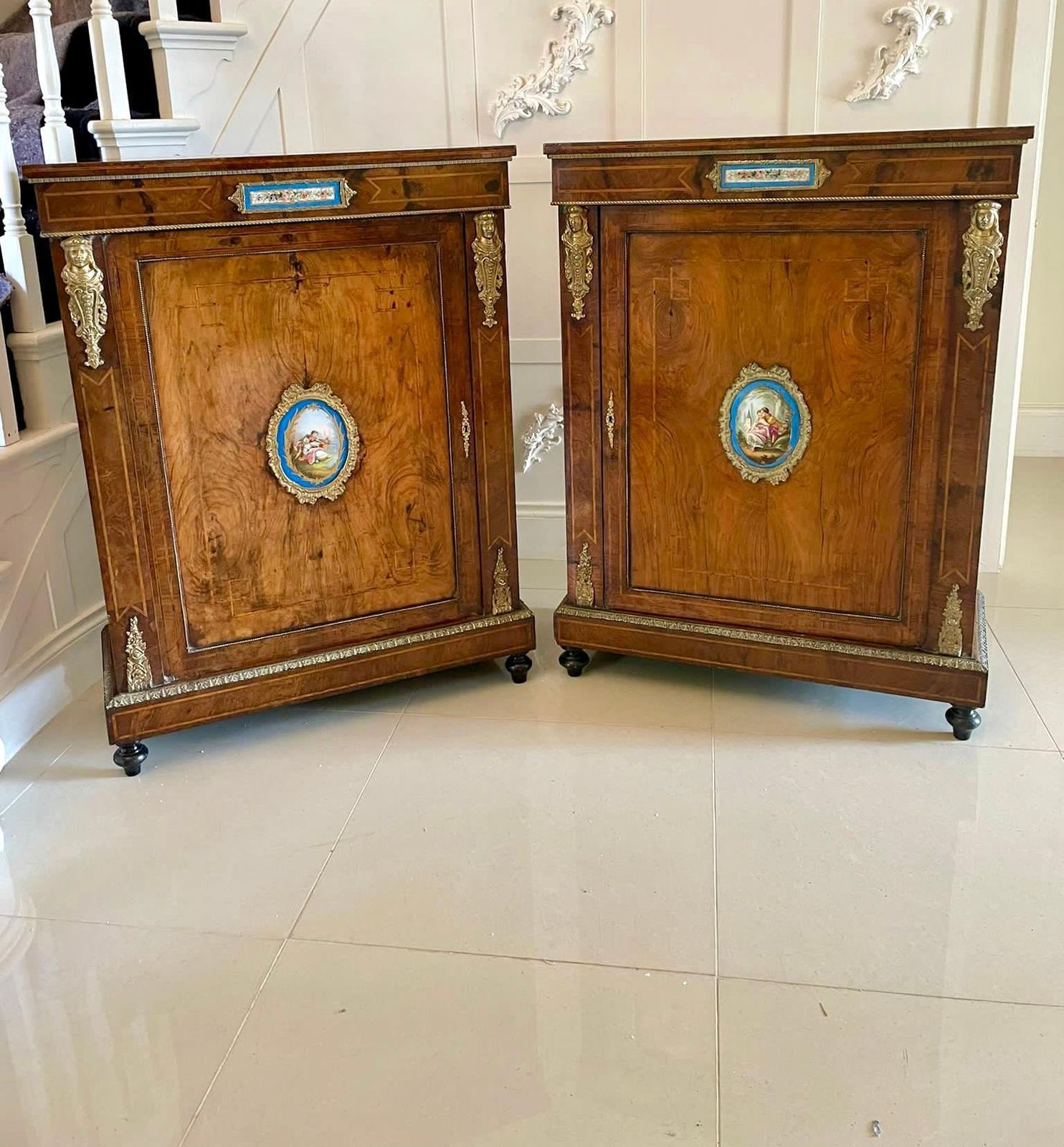 Fantastic Pair Of Antique Inlaid Burr Walnut And Porcelain Mounted Pier Cabinets photo 9950.0