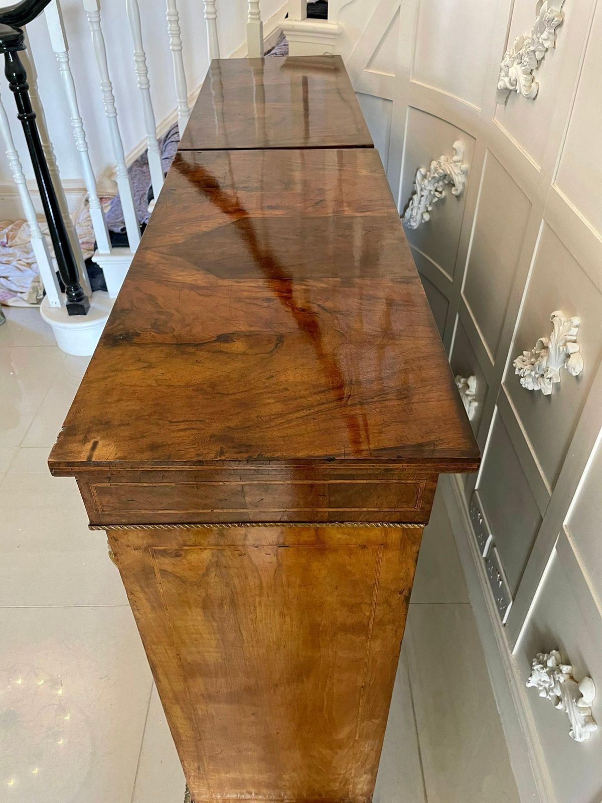 Fantastic Pair Of Antique Inlaid Burr Walnut And Porcelain Mounted Pier Cabinets photo vinterior