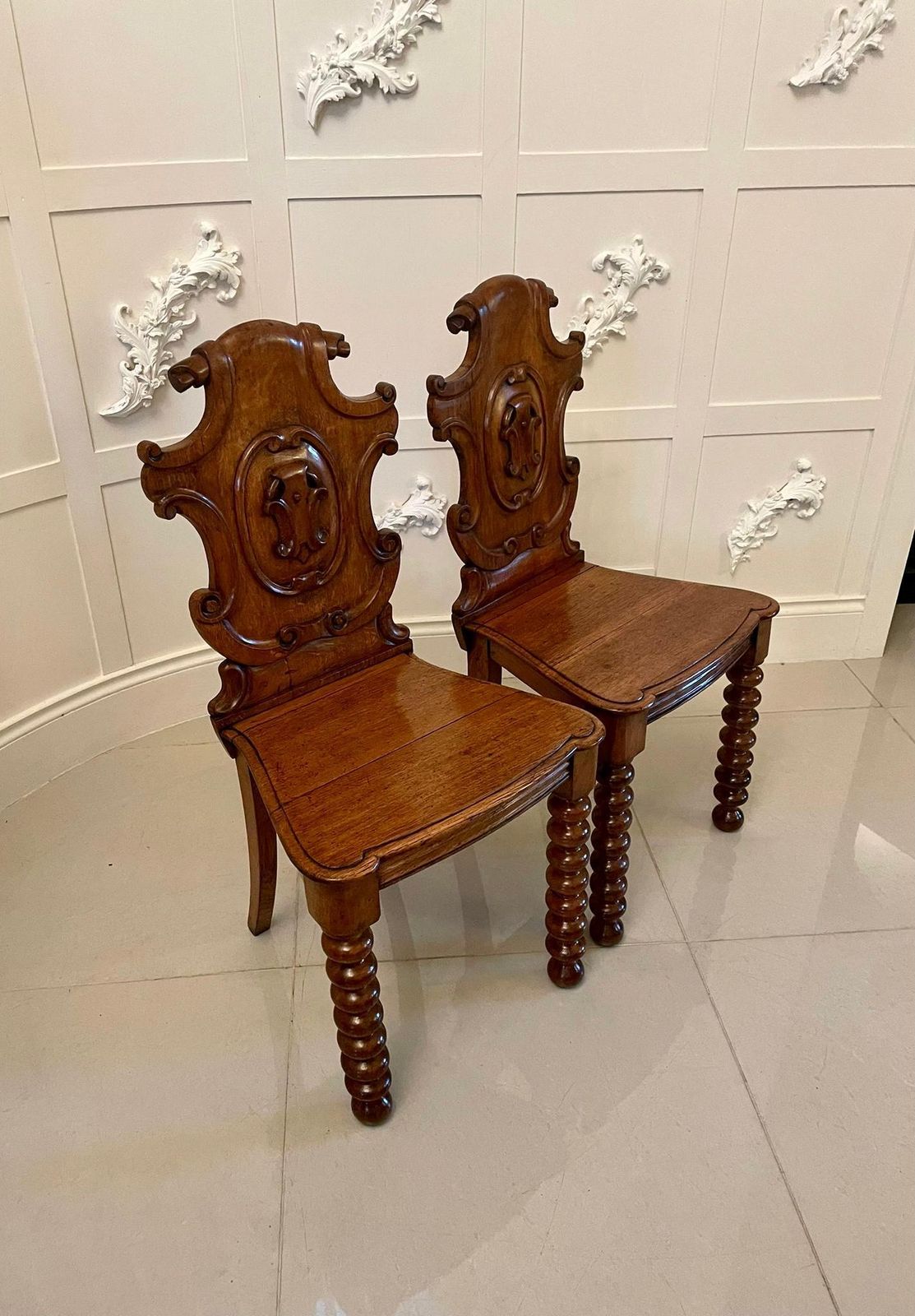 Pair Of Antique Victorian Carved Oak Hall Chairs photo for sale
