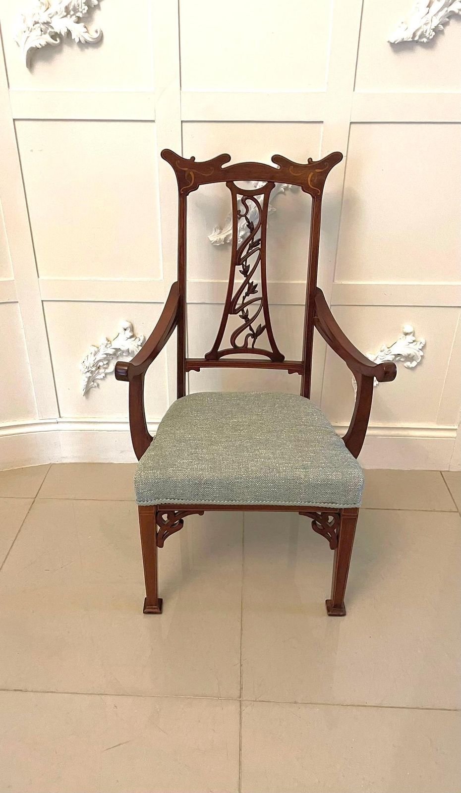 Unusual Antique Art Nouveau Quality Mahogany Inlaid Child’s Chair photo vinterior