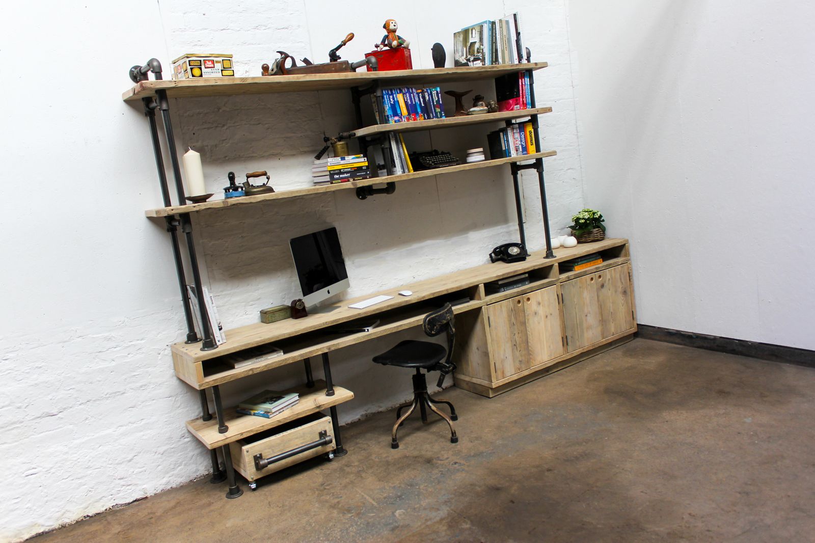 Pourreza Reclaimed Scaffolding Boards, Dark Steel Pipe Industrial Desk With Cupboards And Shelves  photo furniture