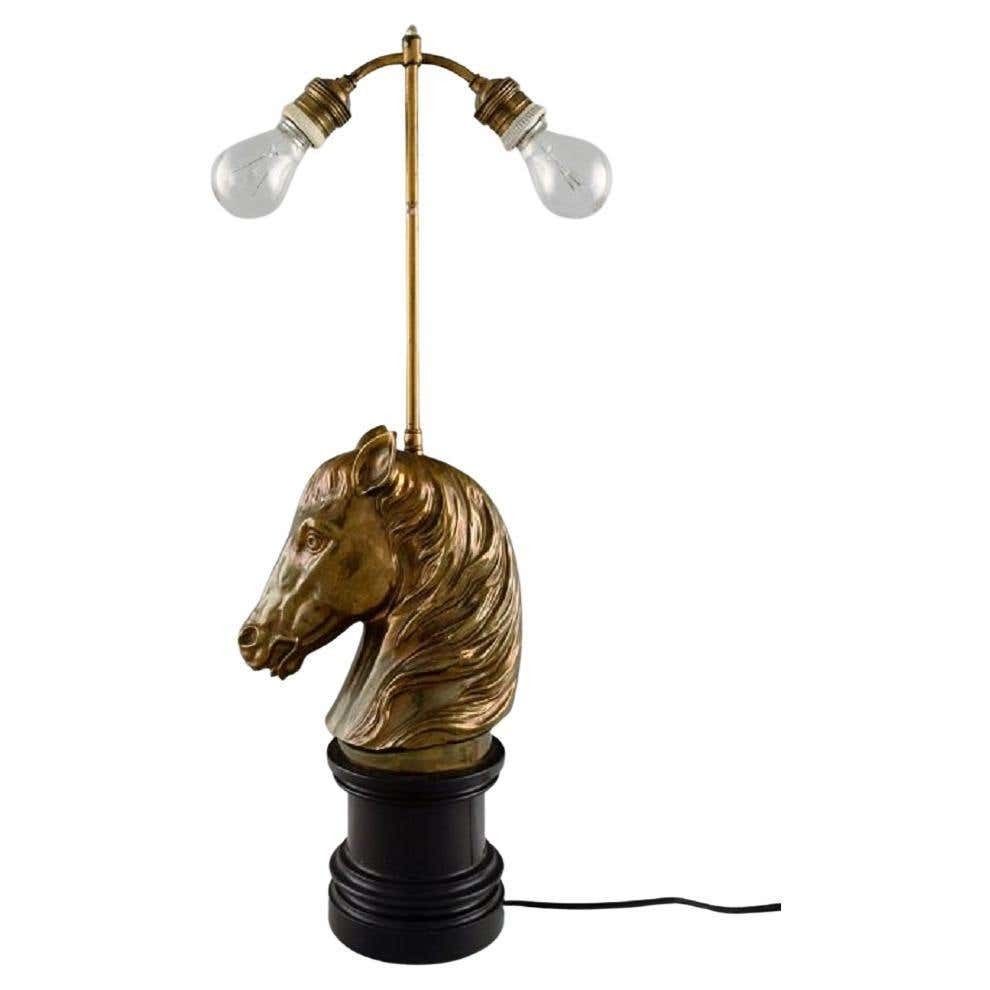 La Maison Charles, France, Large Horse Head Table Lamp In Brass, Mid 20th C