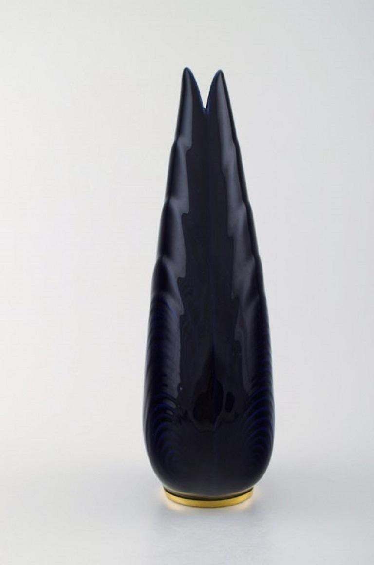 Upsala Ekeby  Karlskrona Ceramic Vase Navy Blue Glaze With Gold Decoration photo furniture