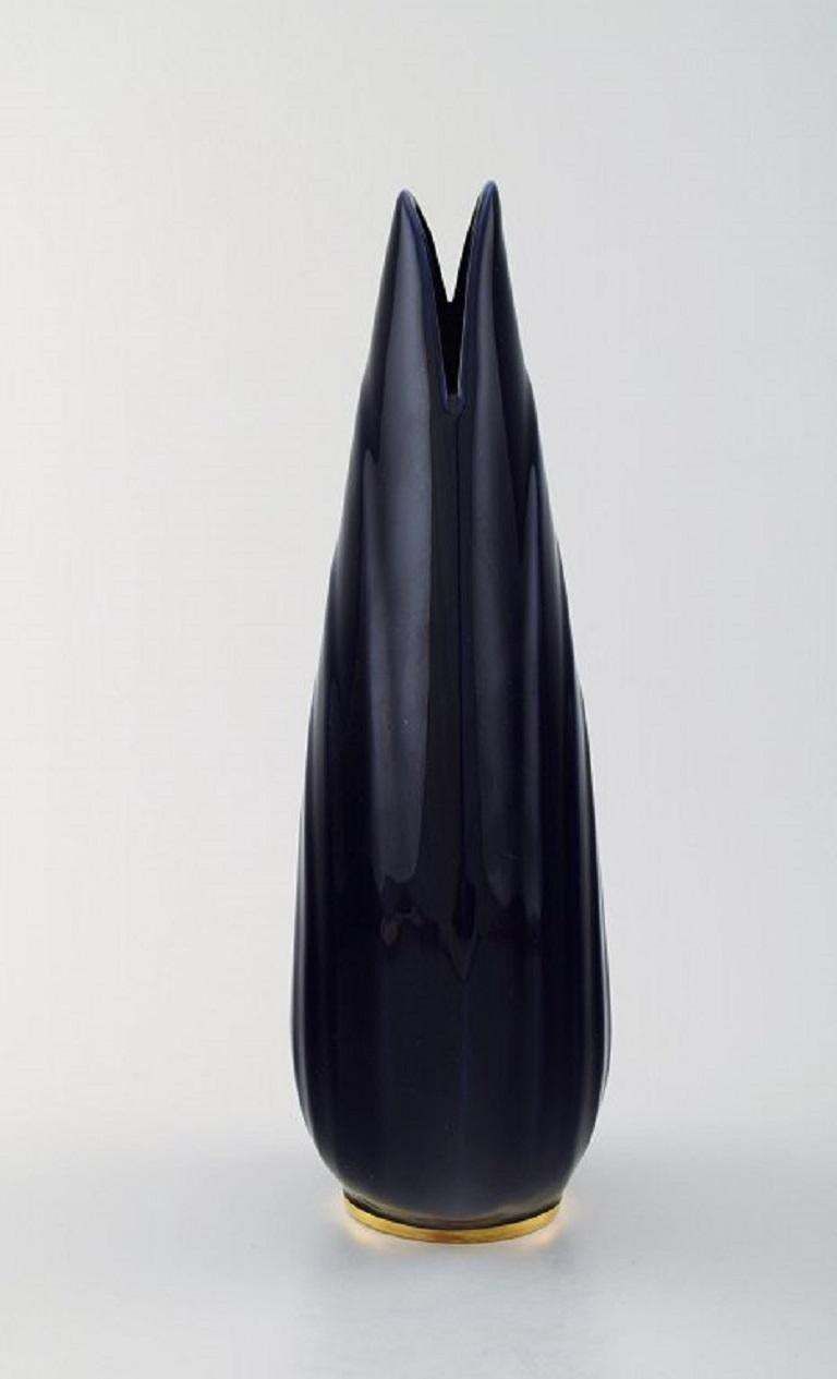 Upsala Ekeby  Karlskrona Ceramic Vase Navy Blue Glaze With Gold Decoration photo for sale