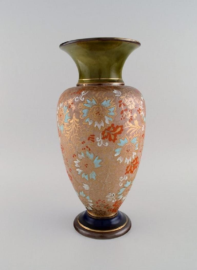 Large Doulton Lambeth Pottery Vase With Hand Painted Flowers And Gold Decoration photo for sale