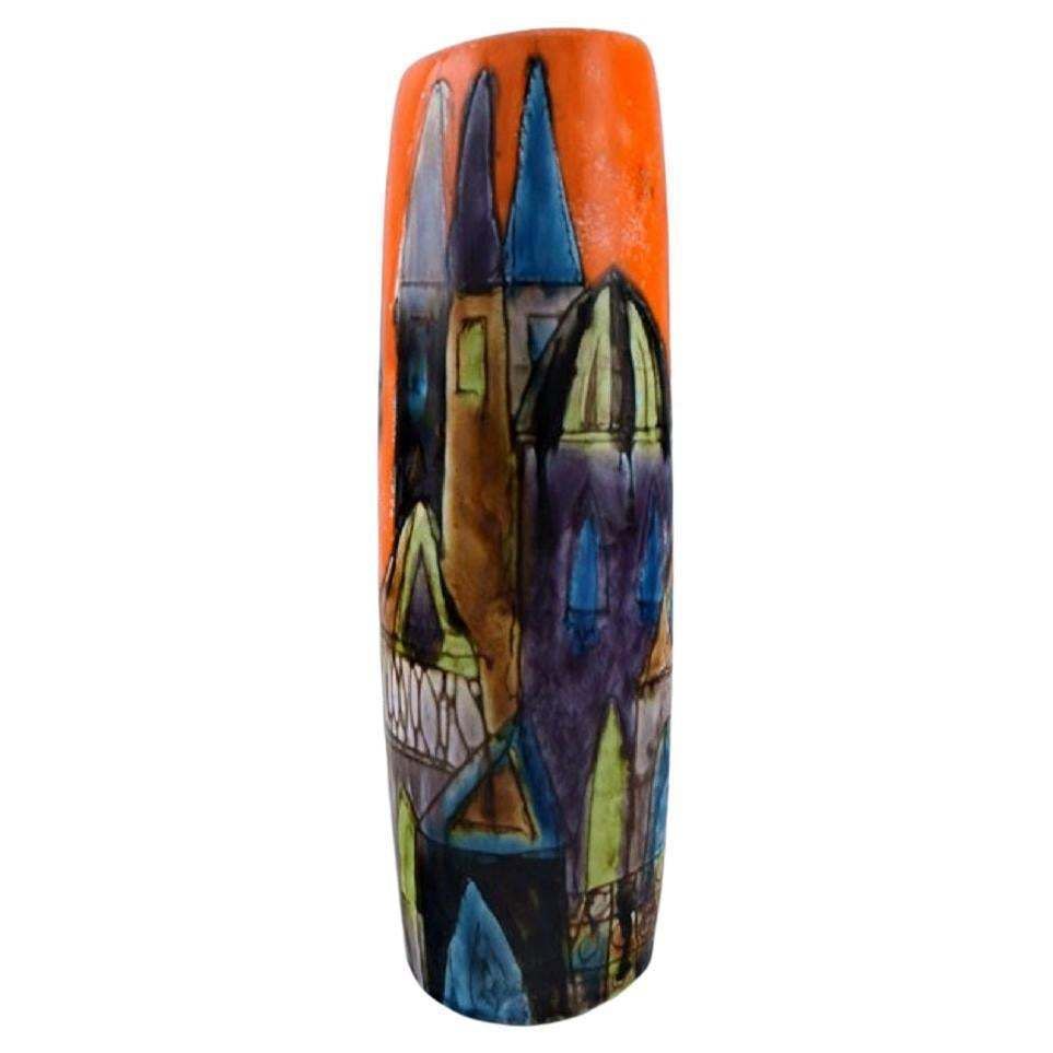 Elio Schiavon, Italy, Unique Vase In Glazed Ceramics With City Motif