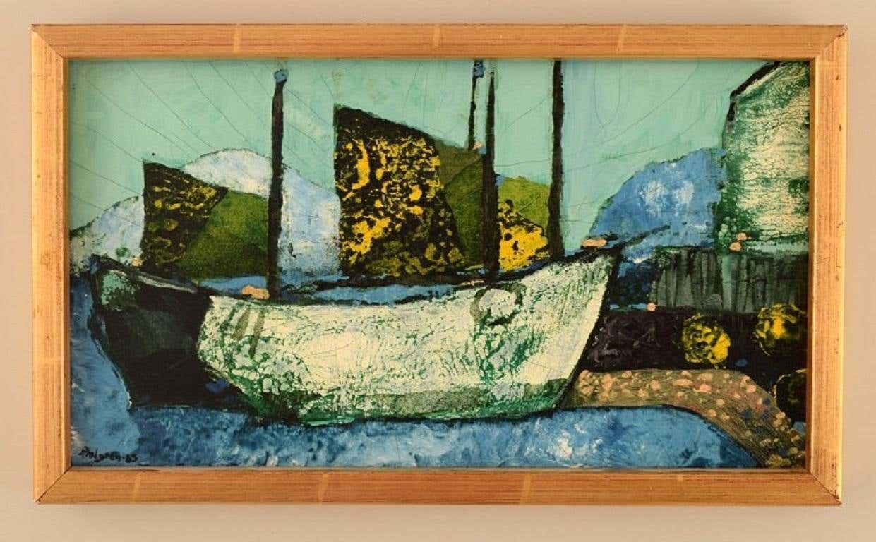 Sven Ahlgren, Sweden, Oil On Board, Modernist Landscape With Boats photo furniture