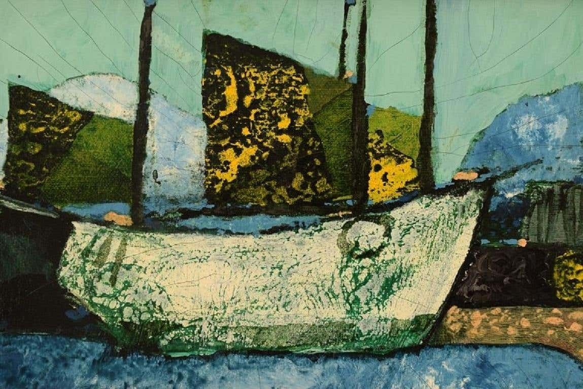 Sven Ahlgren, Sweden, Oil On Board, Modernist Landscape With Boats photo for sale