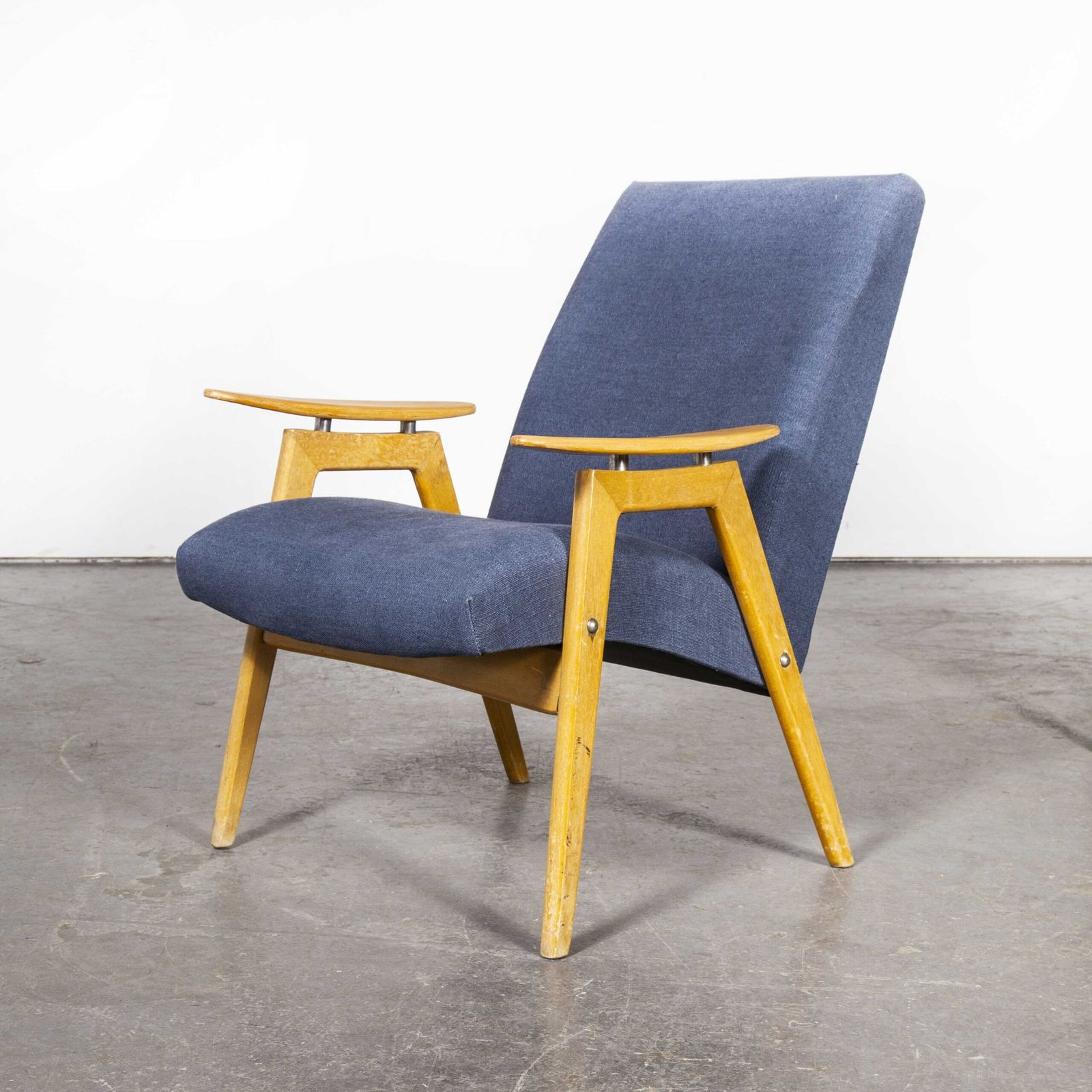 Mid Century Pair Of Upholstered Armchairs With Straight Arms And Top Caps photo 774.0