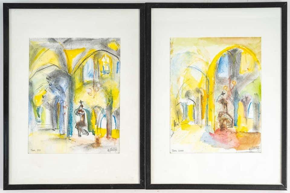 Pair Of Watercolours, Church Interior photo vinterior