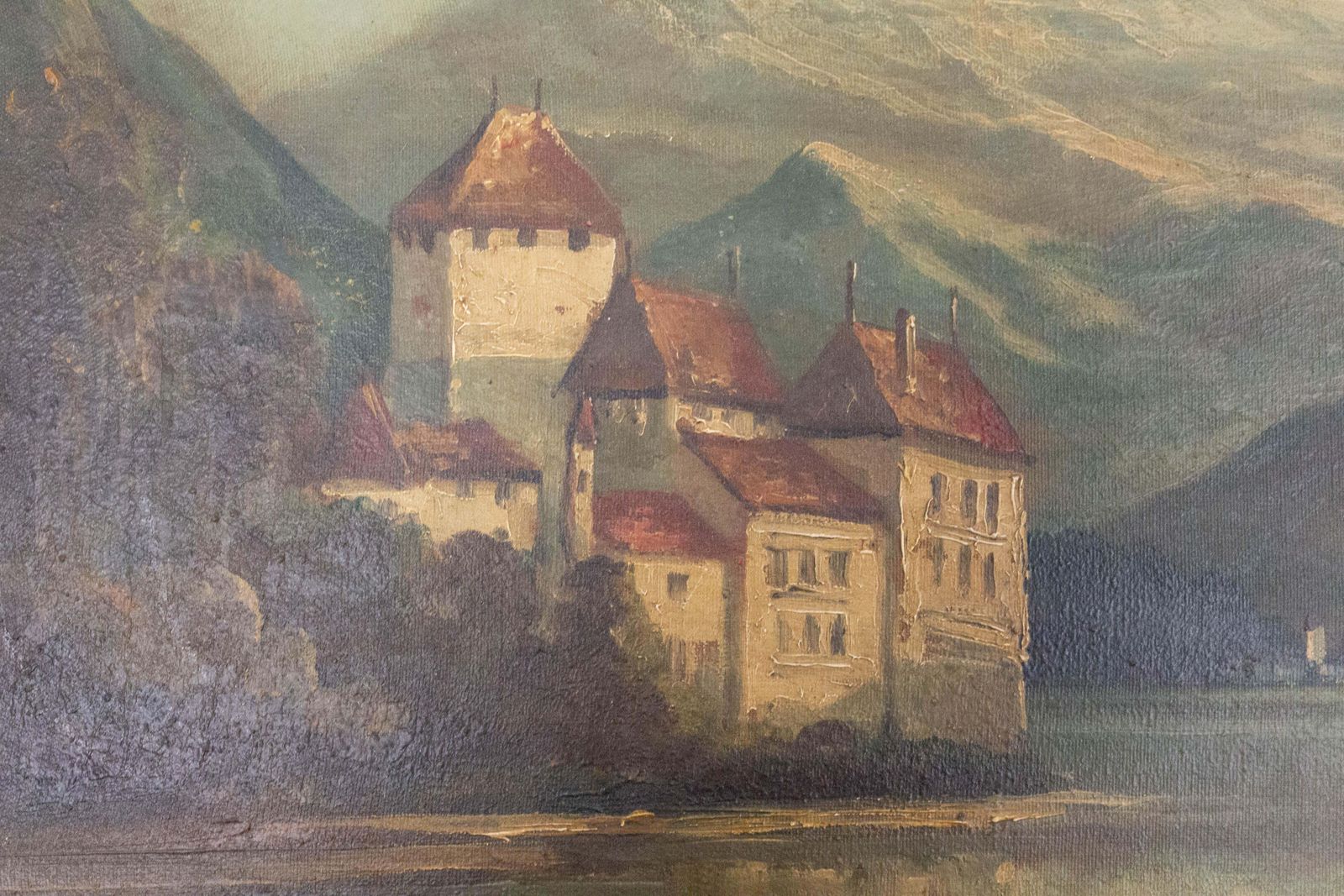 Paysage du château de Chillon au bord du lac Léman, Suisse, fin du XIXe siècle photo for sale
