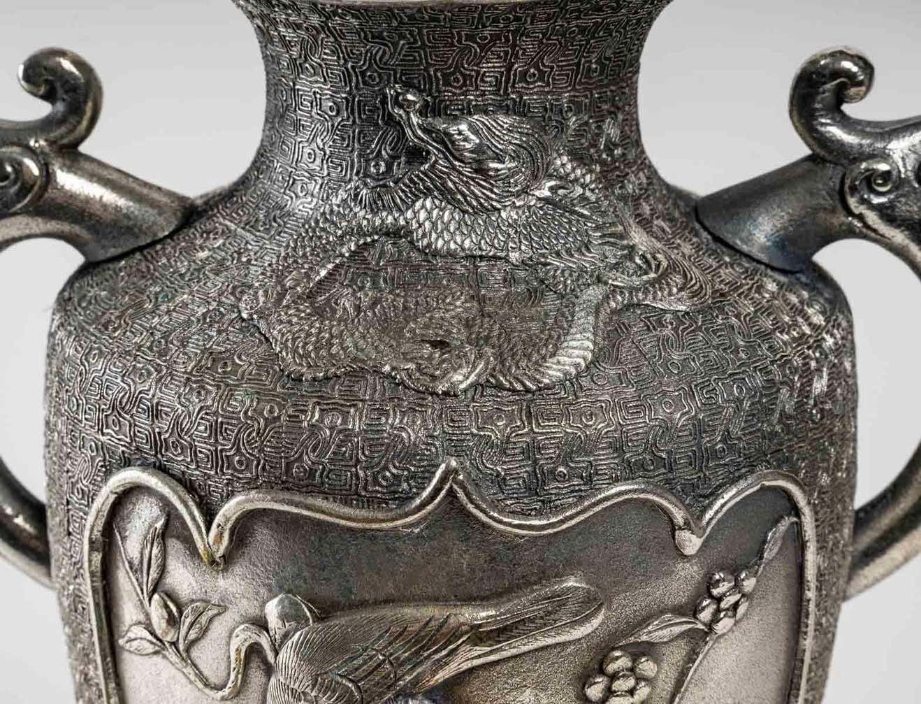 photo buy Pair Of Silvered Metal Vases, Asia