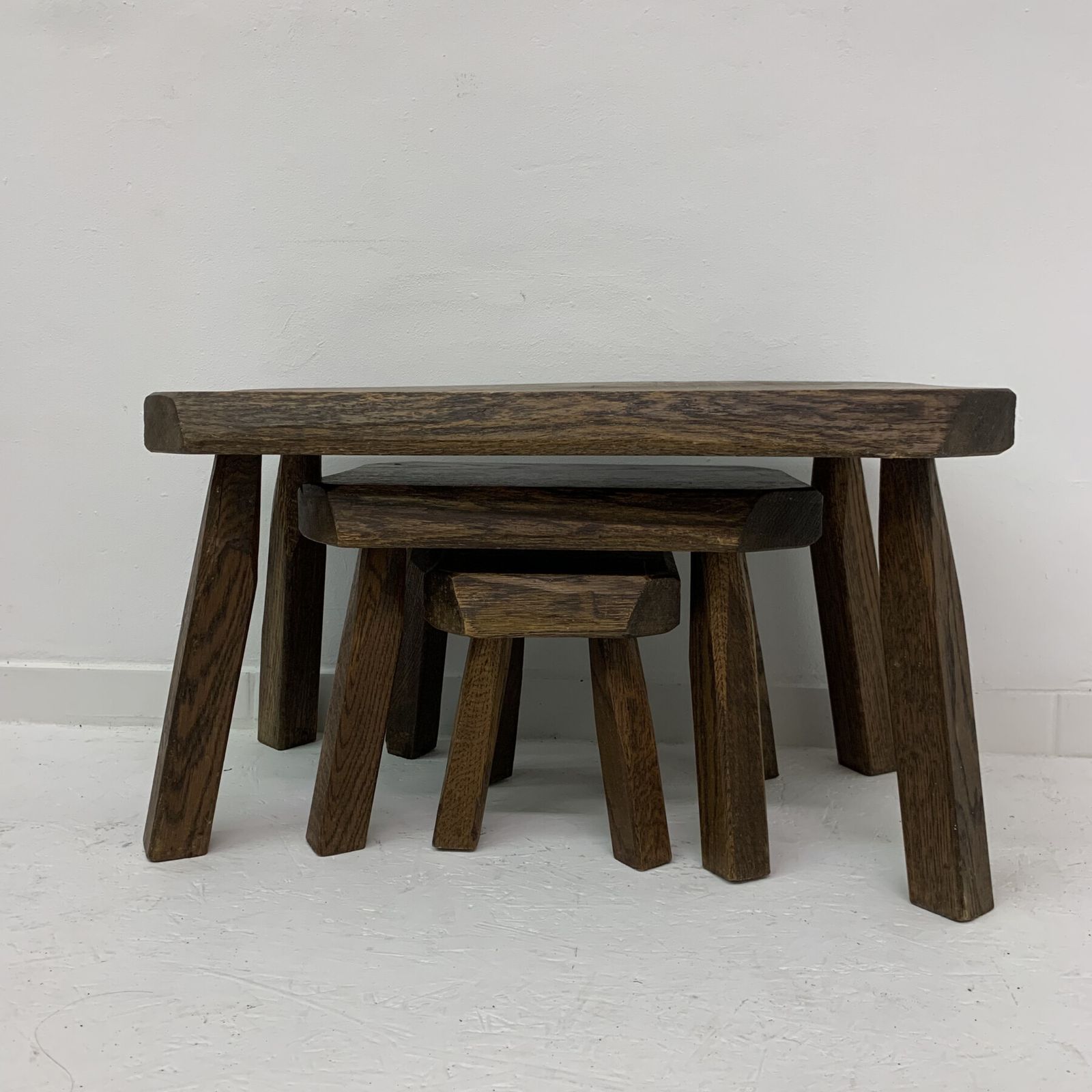 Set Of 3 Brutalist Oak Wood Nesting Tables, 1970’s photo for sale