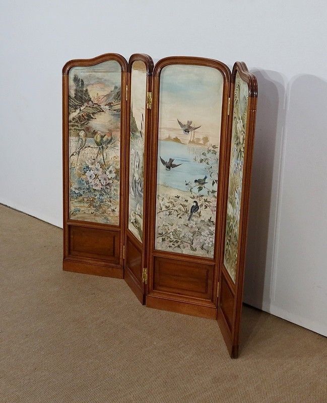 Screen In Painted Silk And Solid Walnut – 1900 photo for sale