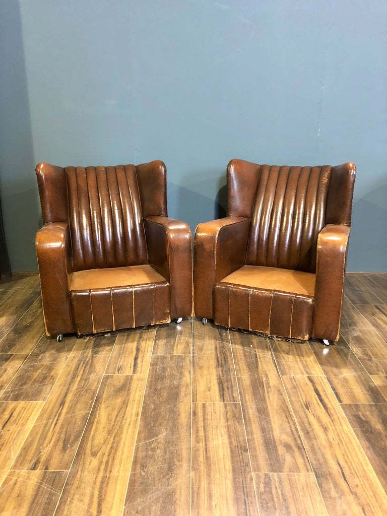 A Very Very Nice Matching Pair Of Early 20thc Leather Armchairs