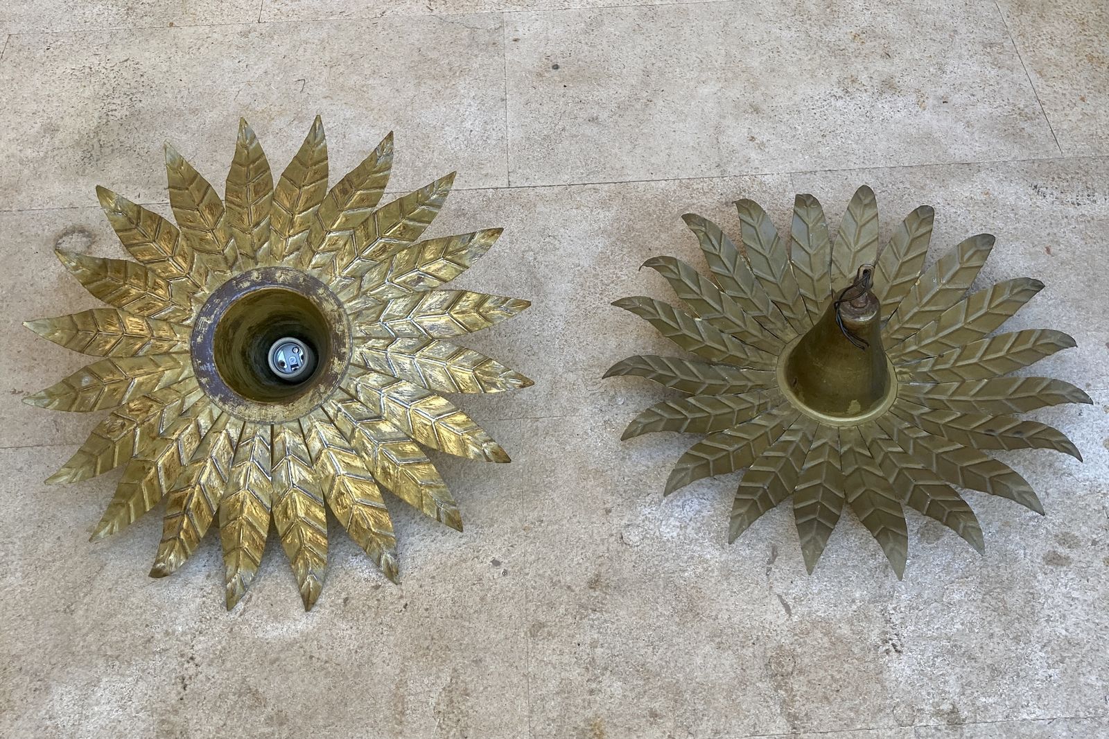 Pair Of Mid Century Spanish Sunburst Ceiling Light Fixture Or Wall Sconce In Wrought Gilt Iron, 1960s photo Lighting