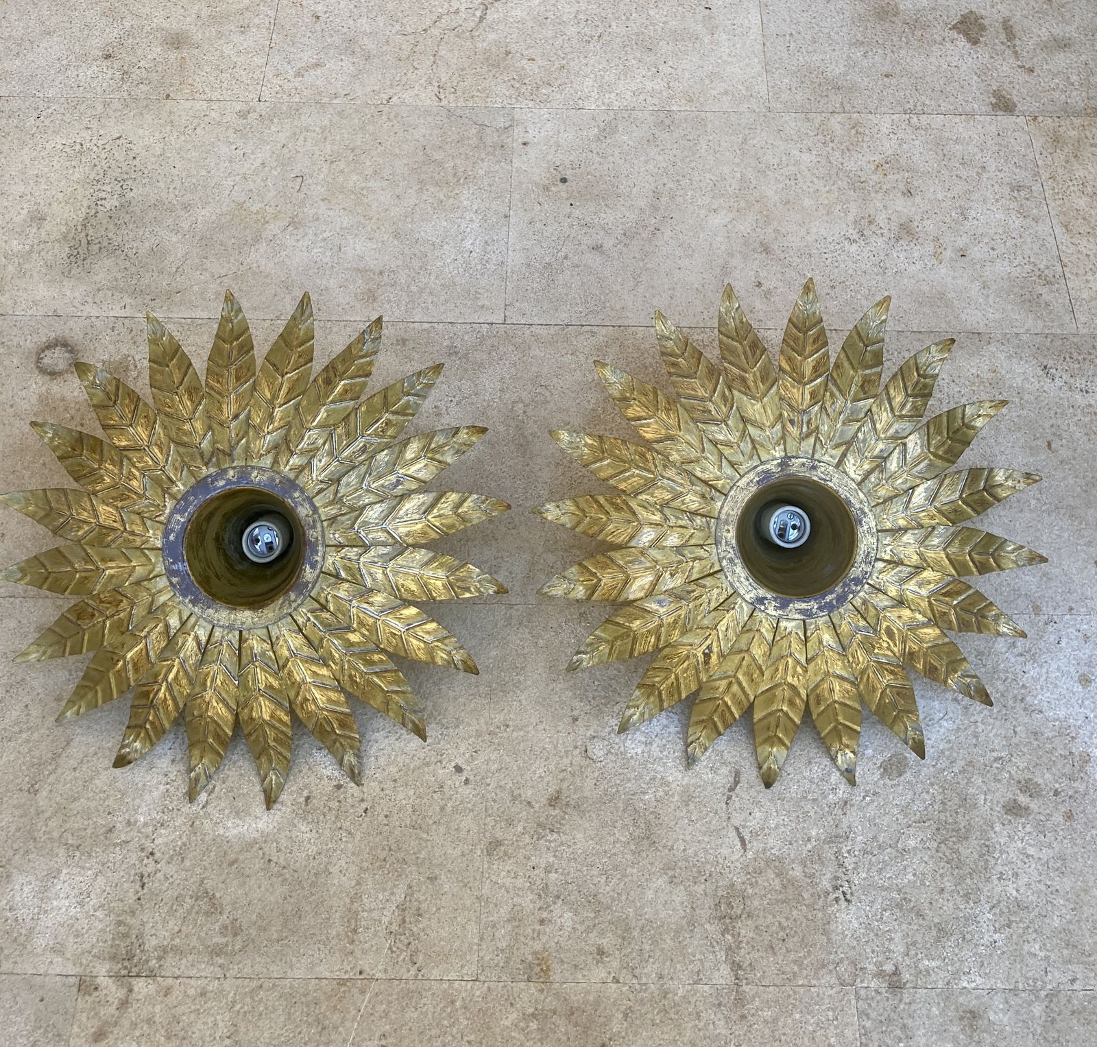 Pair Of Mid Century Spanish Sunburst Ceiling Light Fixture Or Wall Sconce In Wrought Gilt Iron, 1960s photo vinterior