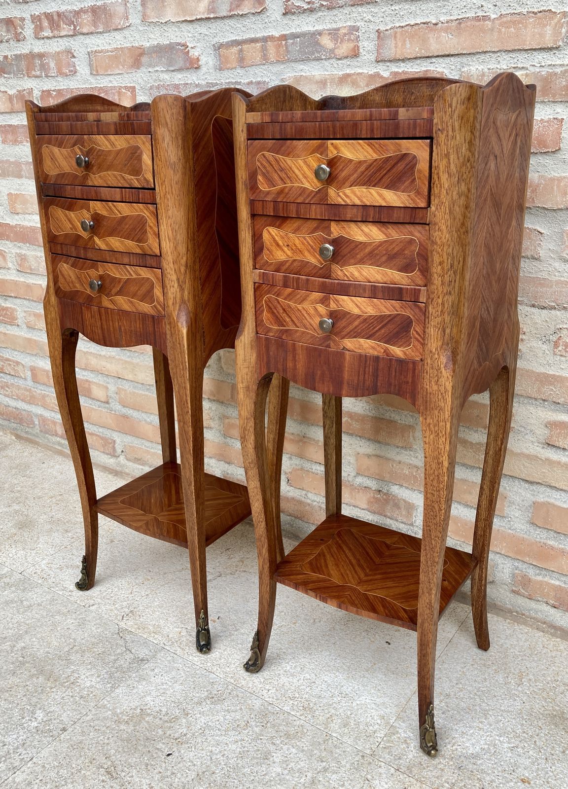 Pair Of French Louis XV Style Walnut And Marquetry Bedside Tables Or Nightstands With Three Drawers And Shelve photo for sale