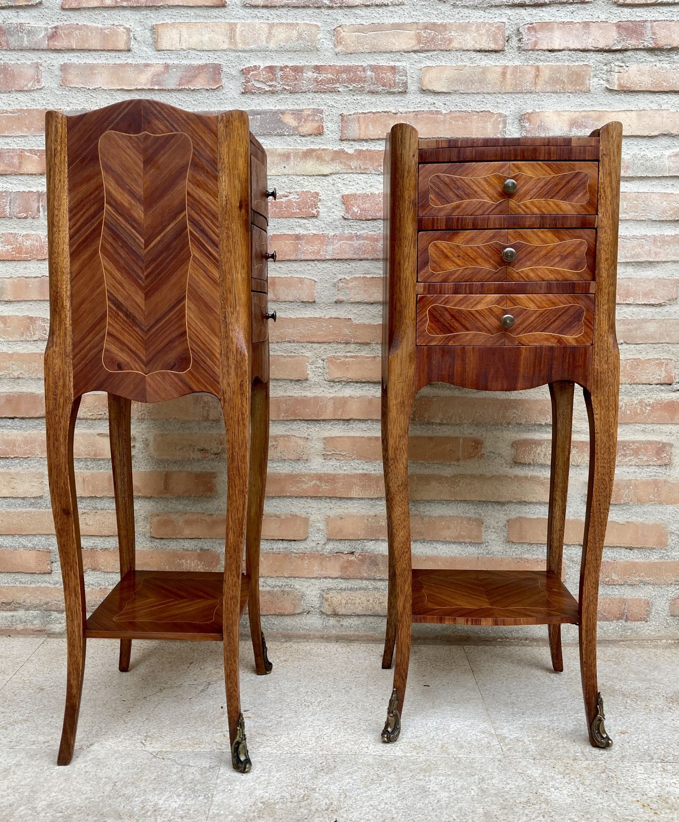 Pair Of French Louis XV Style Walnut And Marquetry Bedside Tables Or Nightstands With Three Drawers And Shelve photo 3460.0