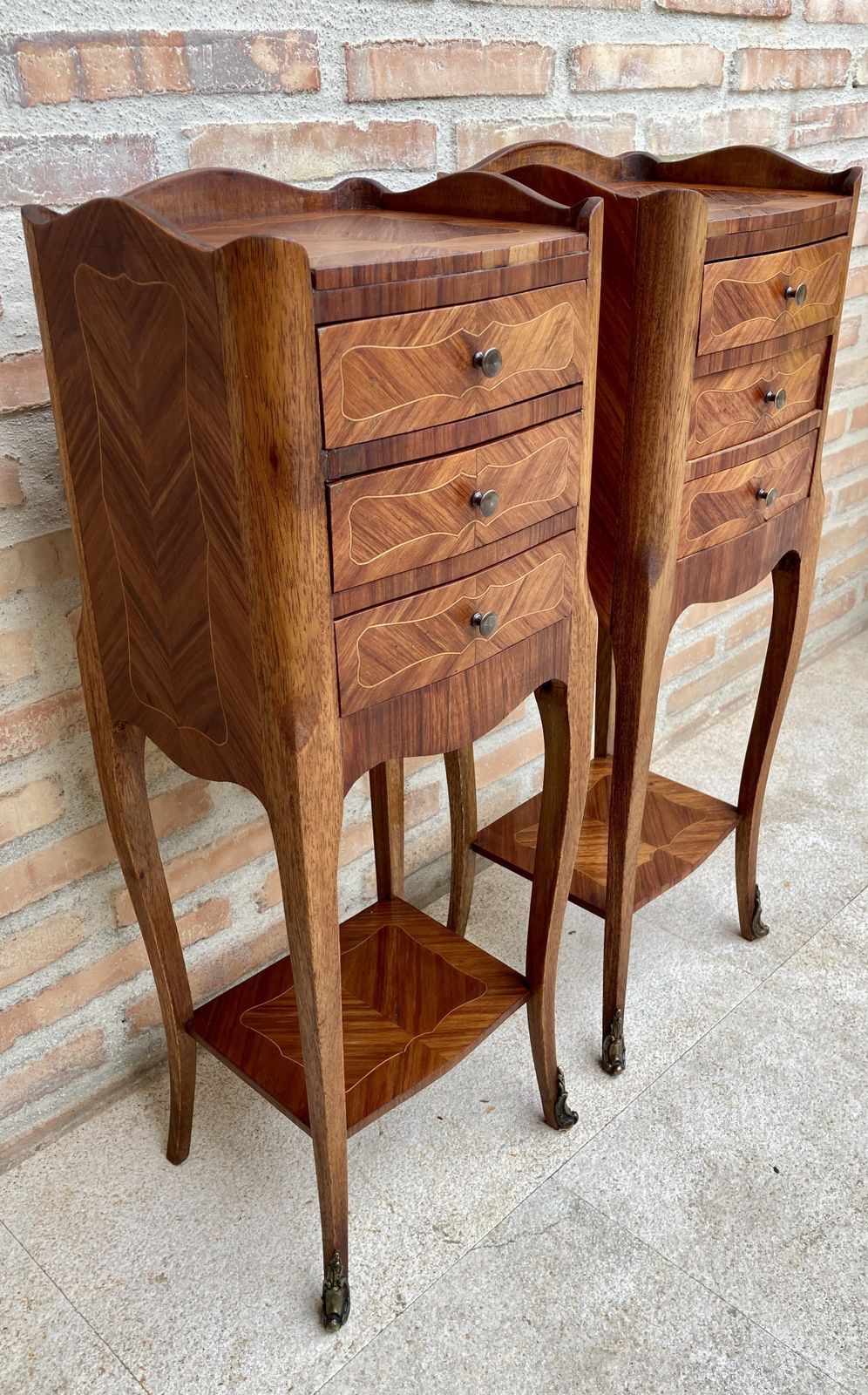 Pair Of French Louis XV Style Walnut And Marquetry Bedside Tables Or Nightstands With Three Drawers And Shelve photo buy