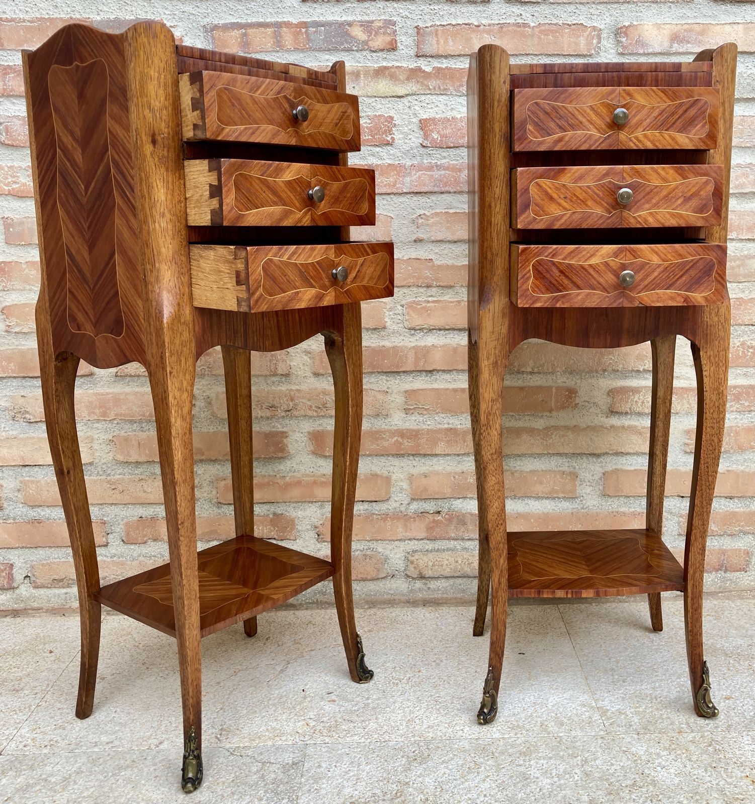 Pair Of French Louis XV Style Walnut And Marquetry Bedside Tables Or Nightstands With Three Drawers And Shelve photo vintage