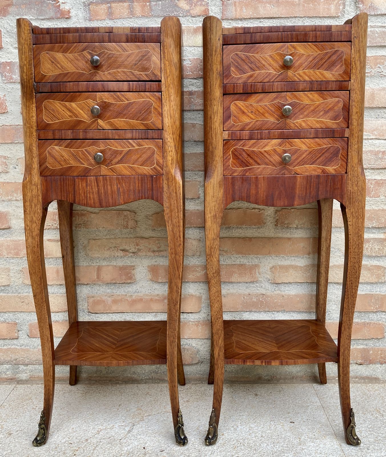photo furniture Pair Of French Louis XV Style Walnut And Marquetry Bedside Tables Or Nightstands With Three Drawers And Shelve