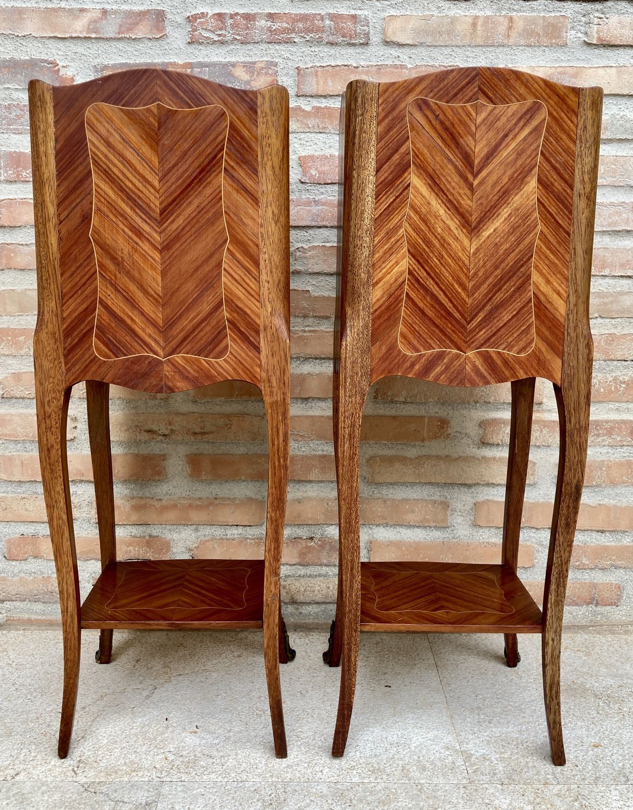 Furniture Pair Of French Louis XV Style Walnut And Marquetry Bedside Tables Or Nightstands With Three Drawers And Shelve photo