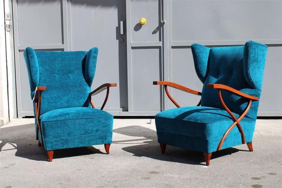 Pair Of Italian Armchairs In Cherry Wood Blue Velvet Paolo Buffa Design 1950 photo furniture