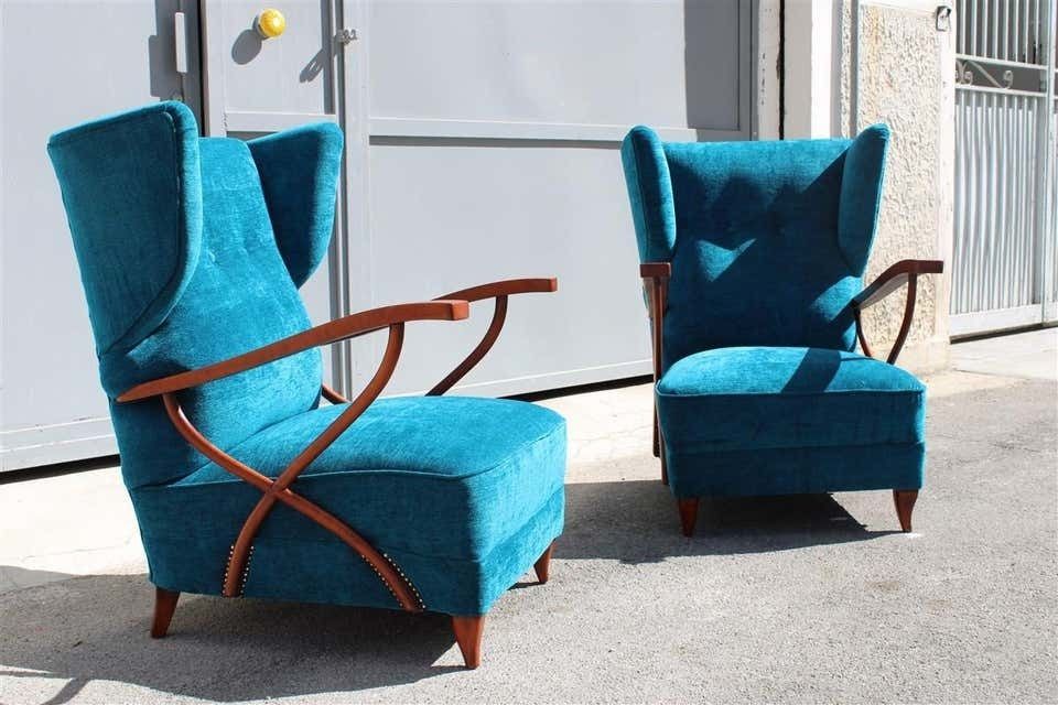 Pair Of Italian Armchairs In Cherry Wood Blue Velvet Paolo Buffa Design 1950 photo Furniture