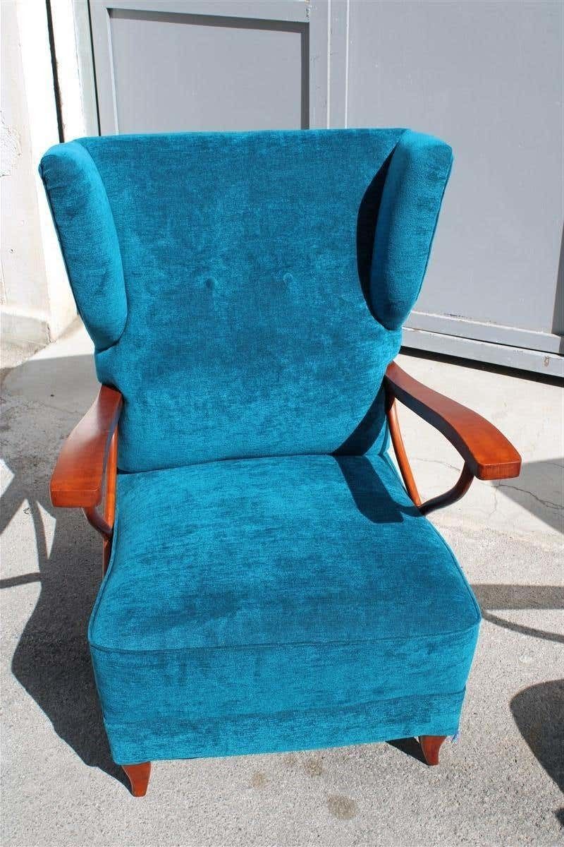 photo furniture Pair Of Italian Armchairs In Cherry Wood Blue Velvet Paolo Buffa Design 1950