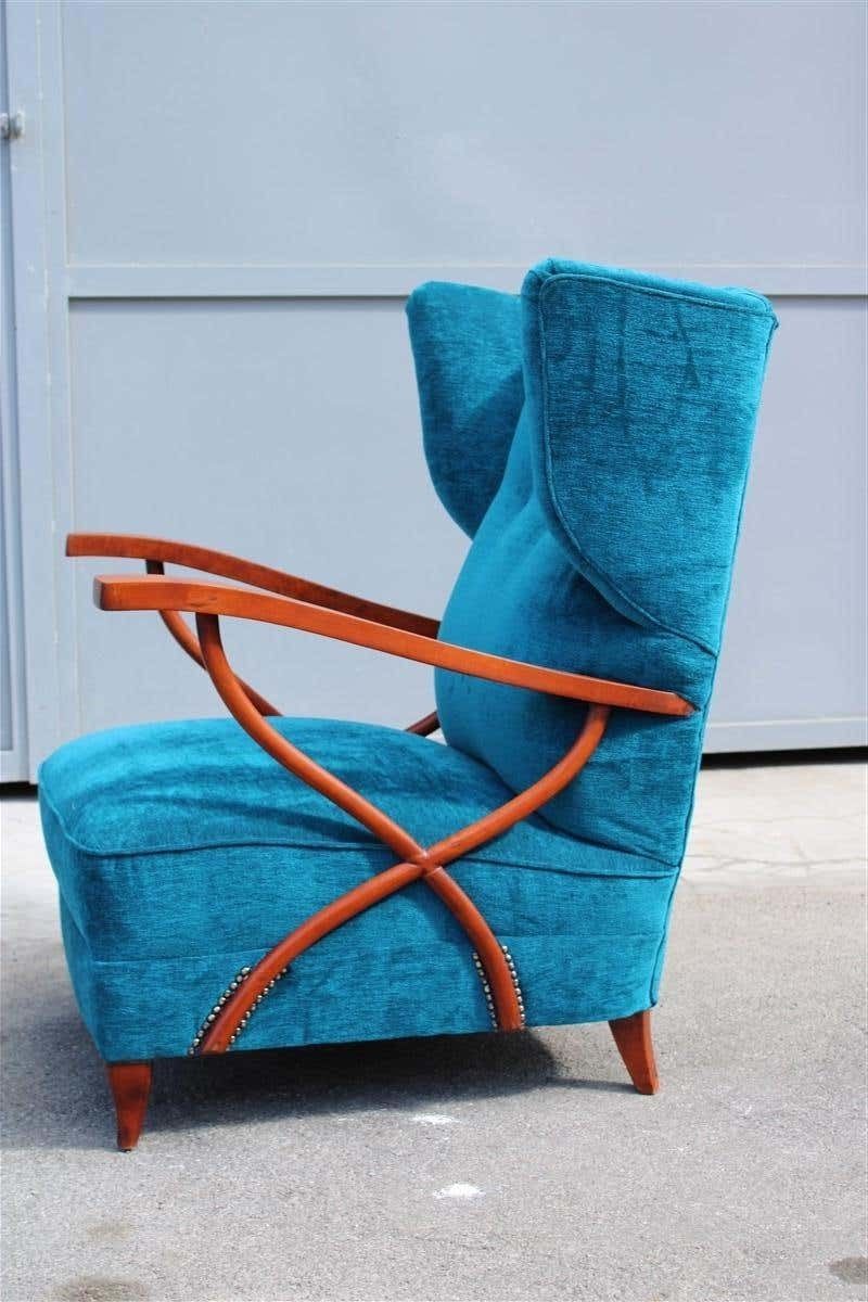 Furniture Pair Of Italian Armchairs In Cherry Wood Blue Velvet Paolo Buffa Design 1950 photo