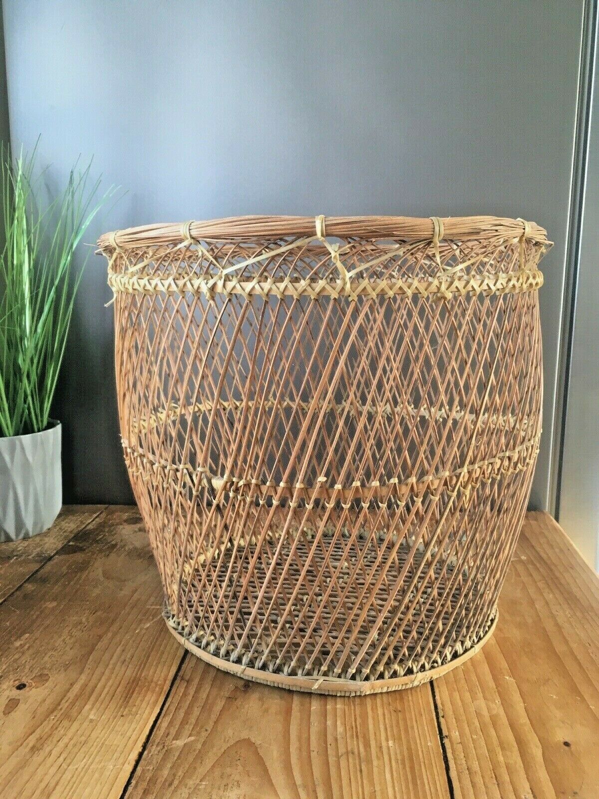Vintage 50's 60's Woven Wicker Basket Waste Paper Bins Boho Tiki Retro Kitsch photo 50.0