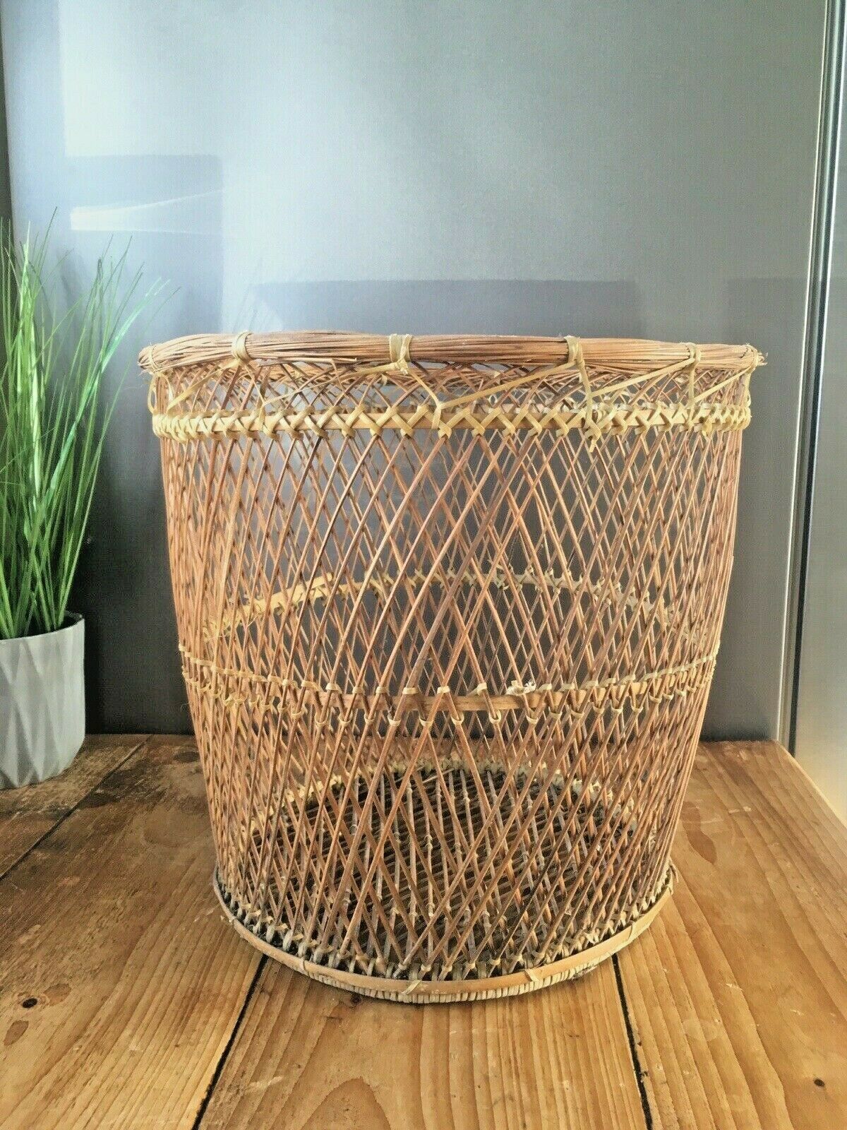 Vintage 50's 60's Woven Wicker Basket Waste Paper Bins Boho Tiki Retro Kitsch photo vinterior