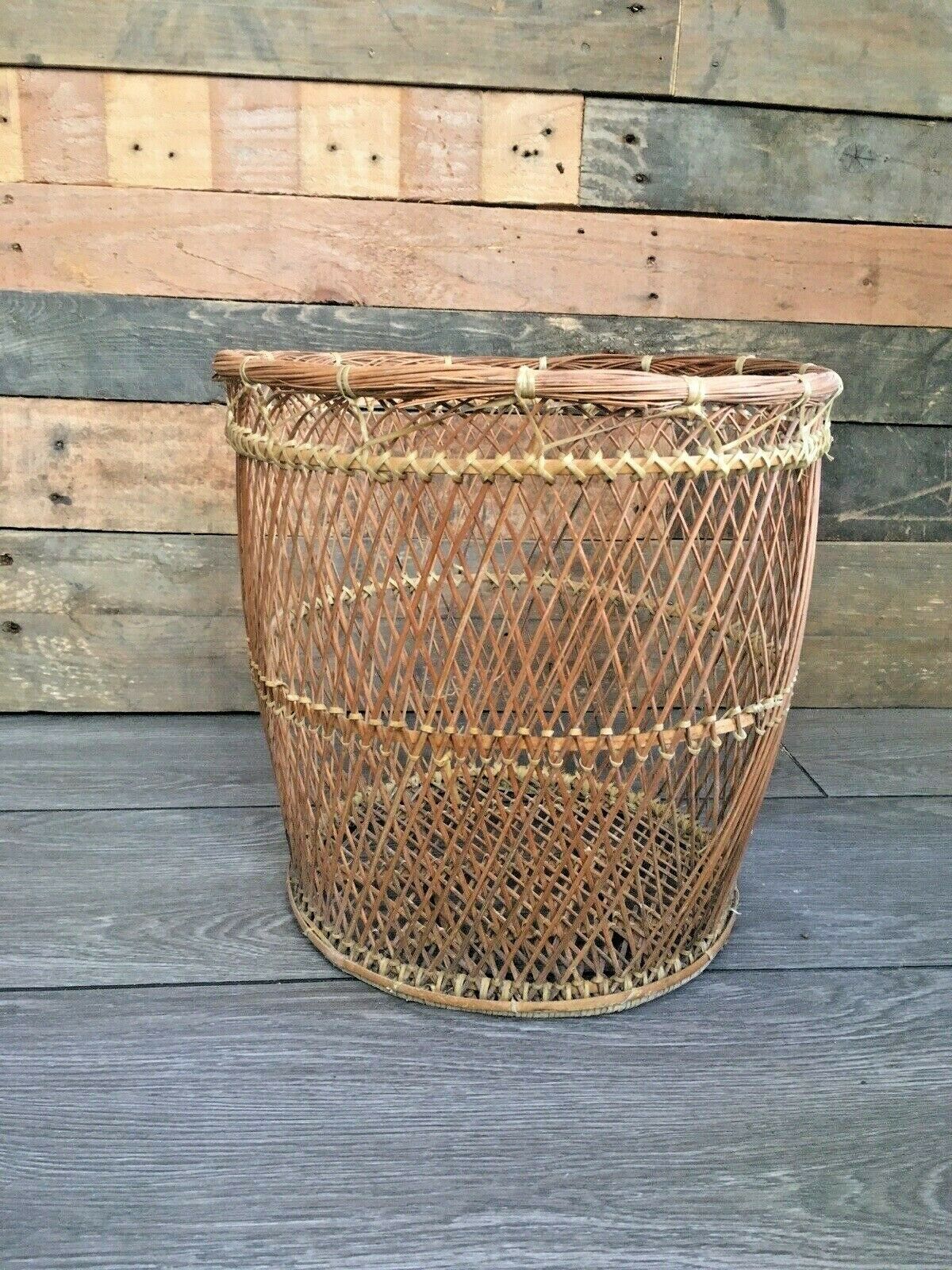 Home Decor Vintage 50's 60's Woven Wicker Basket Waste Paper Bins Boho Tiki Retro Kitsch photo