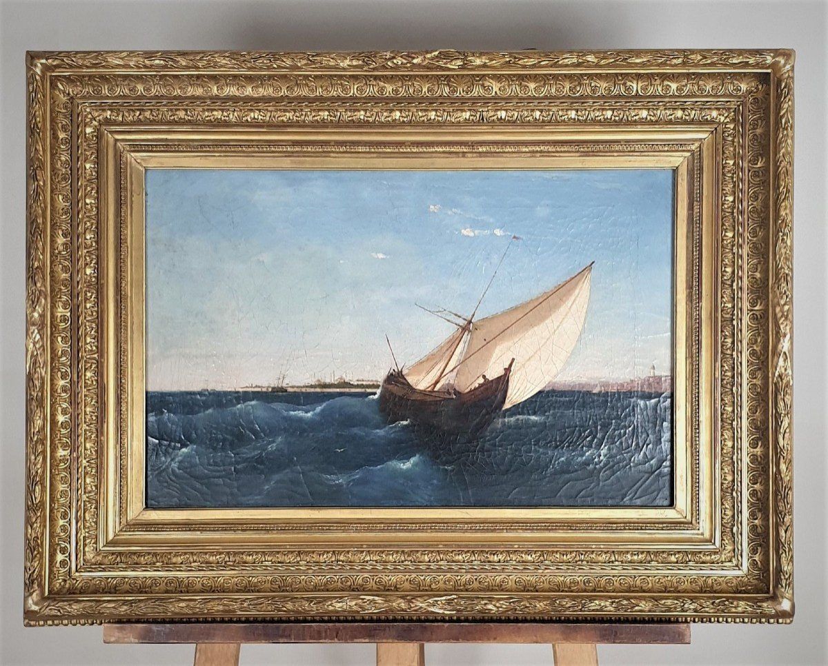 F Berré, Paintins Ship In Front Of Constantinople, Xixth Century