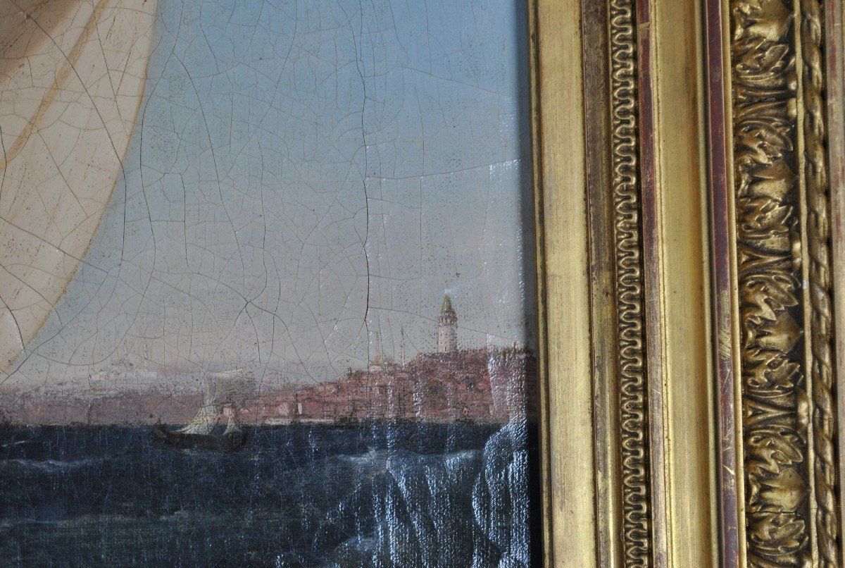 F Berré, Paintins Ship In Front Of Constantinople, Xixth Century photo Art