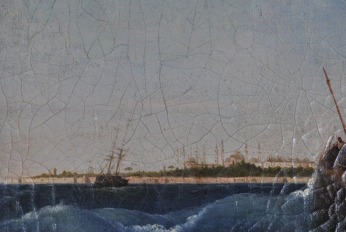 F Berré, Paintins Ship In Front Of Constantinople, Xixth Century photo vintage
